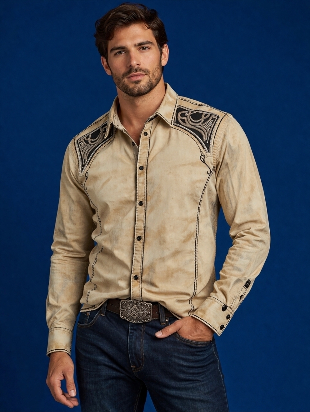 Vtg ROAR Beige Crystal Clear Embroidered Distressed Rockabilly Western Shirt